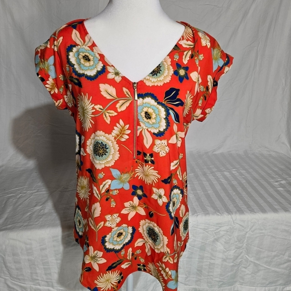 Express Orange Floral Blouse With Zipper Size S
